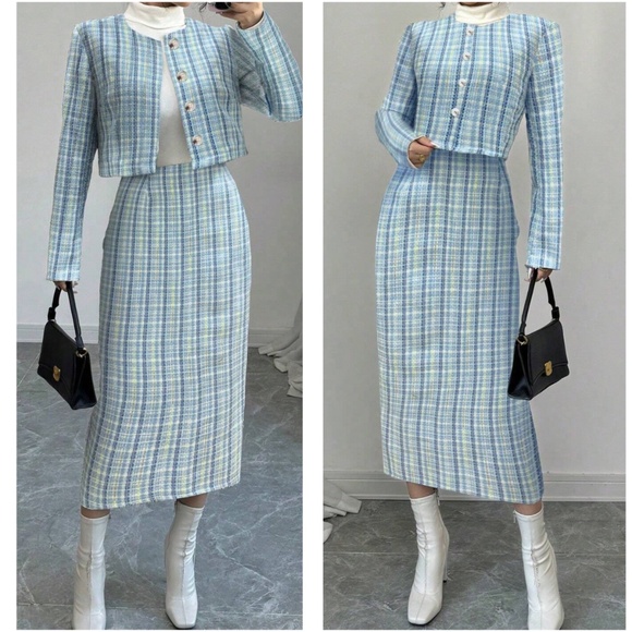 Classic Faux Pearl Tweed Open Front Jacket Dress Set - Picture 7 of 7